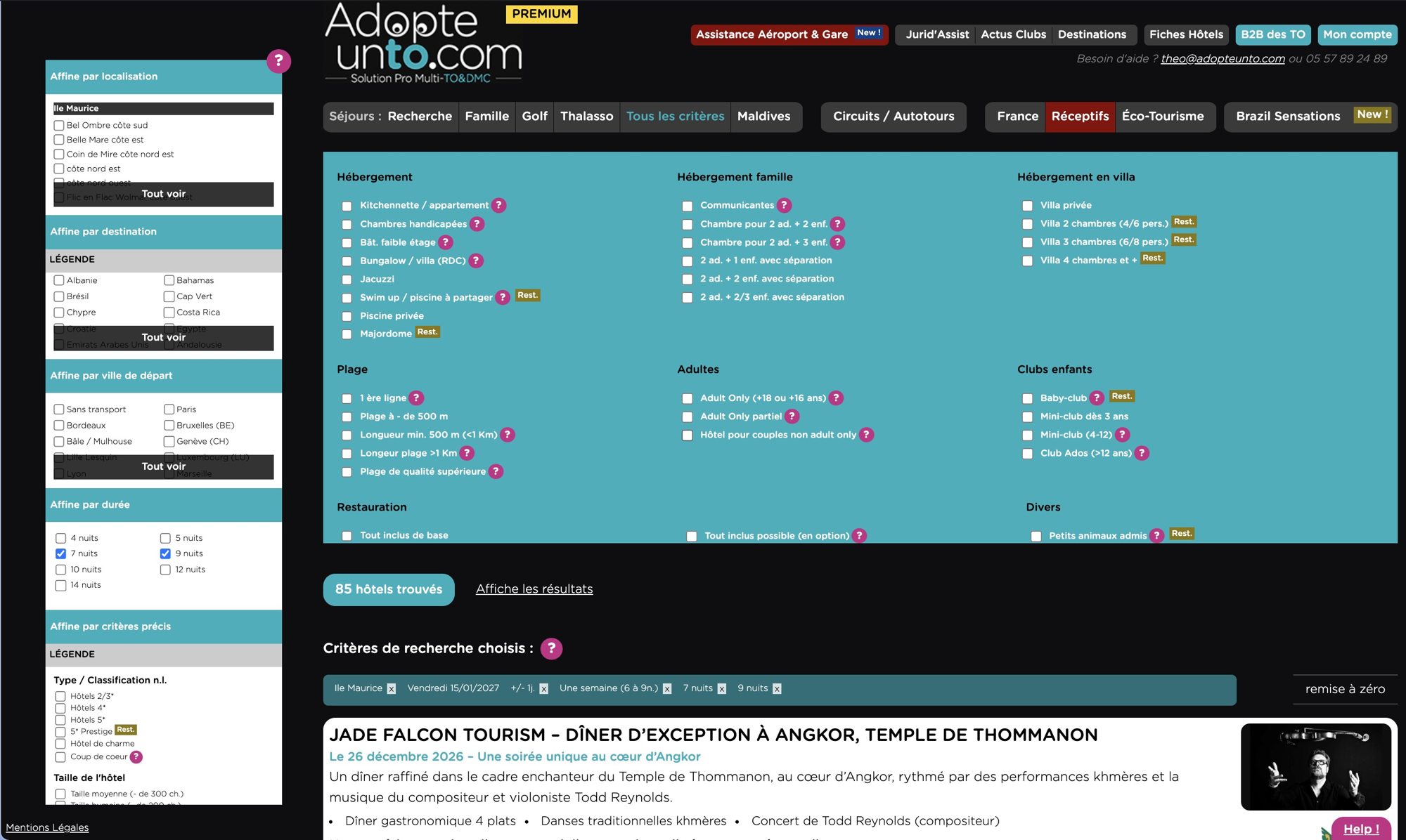Capture réelle de la recherche multicritères AdopteunTO montrant des filtres de séjour